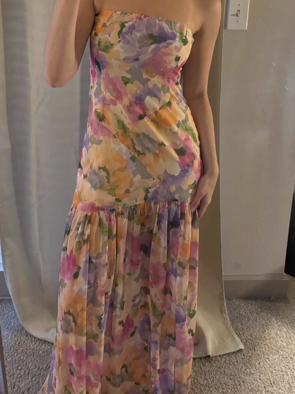 Promesa Strapless Floral Maxi Dress in Pink, Lavender & Yellow